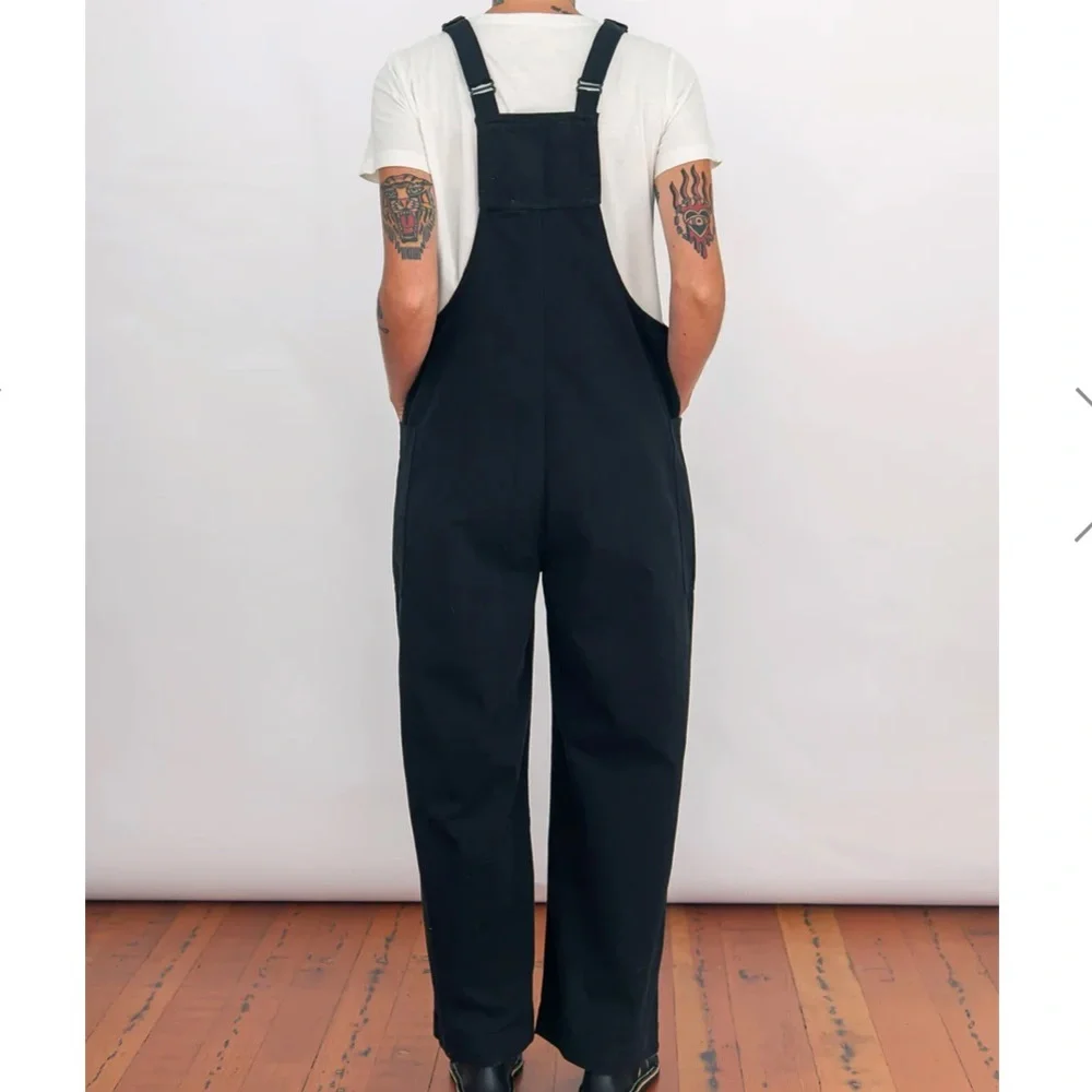 Black Wide-Leg Cotton Overalls